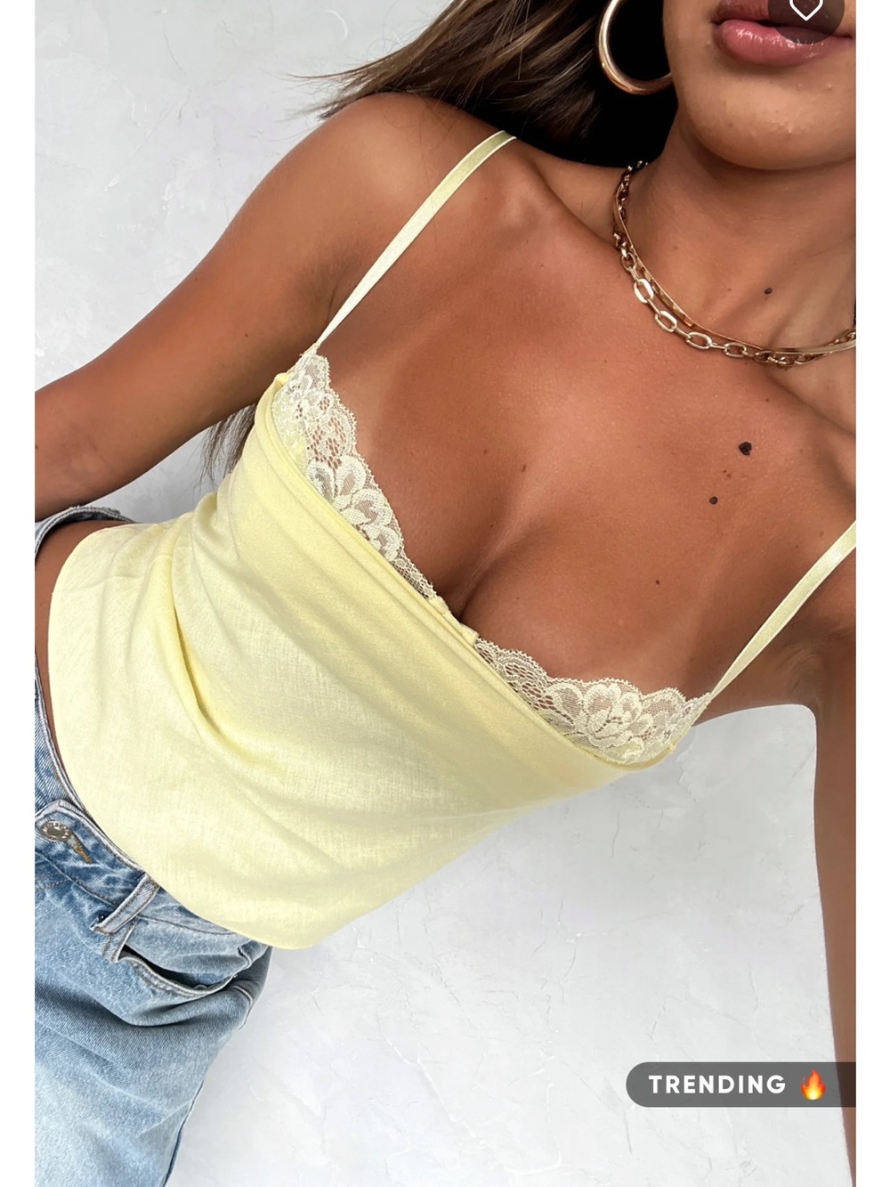 White Fox Boutique Lace-Trim Slip Cami in Pale Yellow